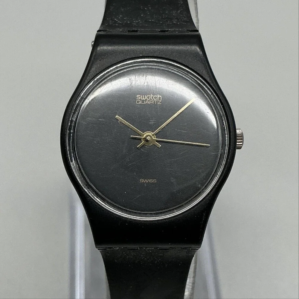 Vintage Swatch Black Magic Womens Watch 25mm Gold Tone Hands Swiss New Battery
